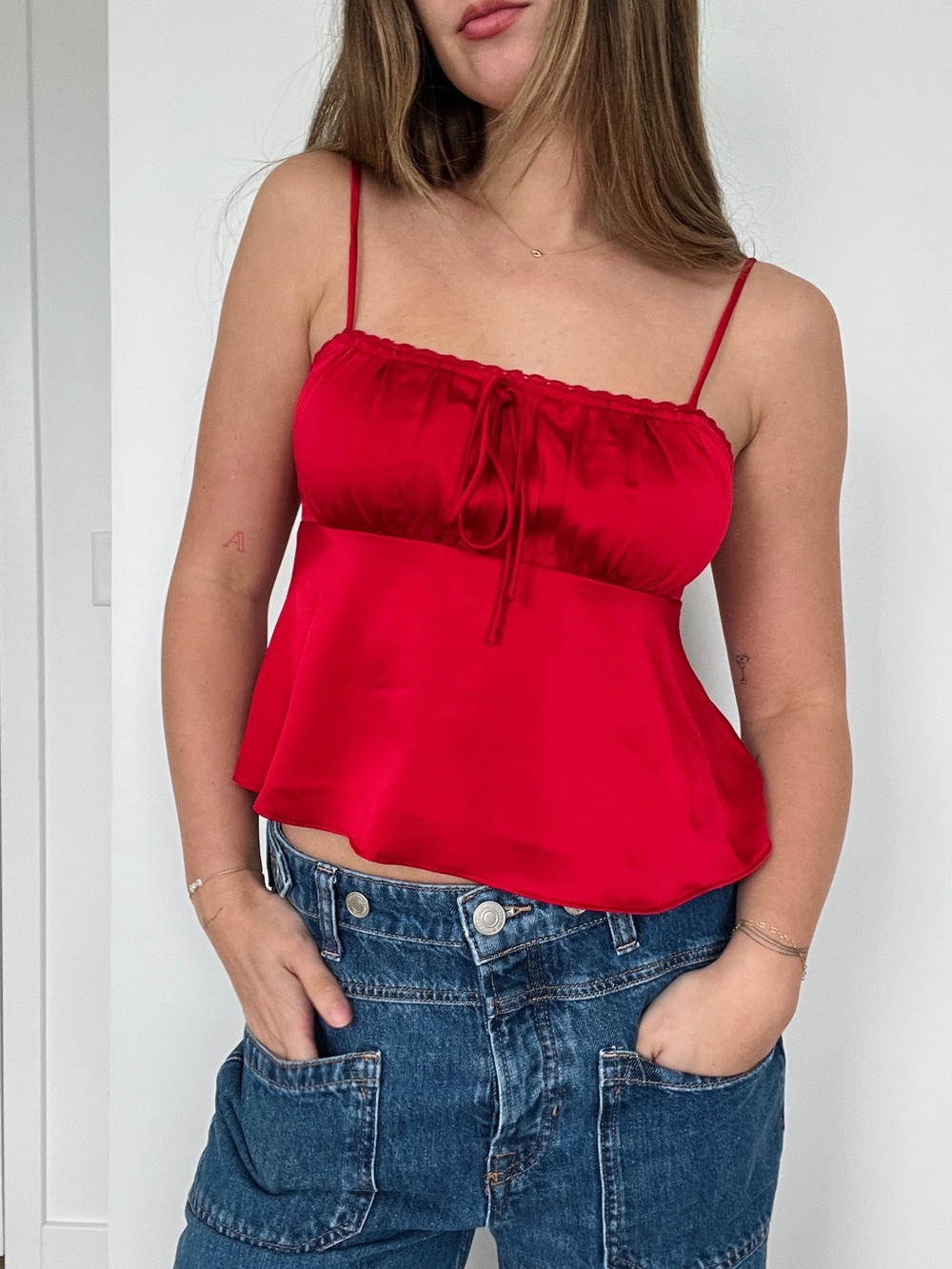La Hearts Red Satin Tie-Front Peplum Camisole